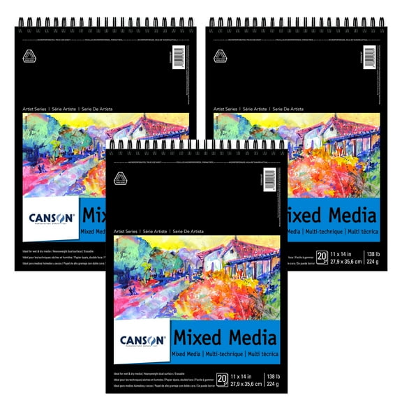 Canson Artist Series Mixed Media Pad, Top Wire Binding, 20 Sheet, 11x14 inch, Pack of 3