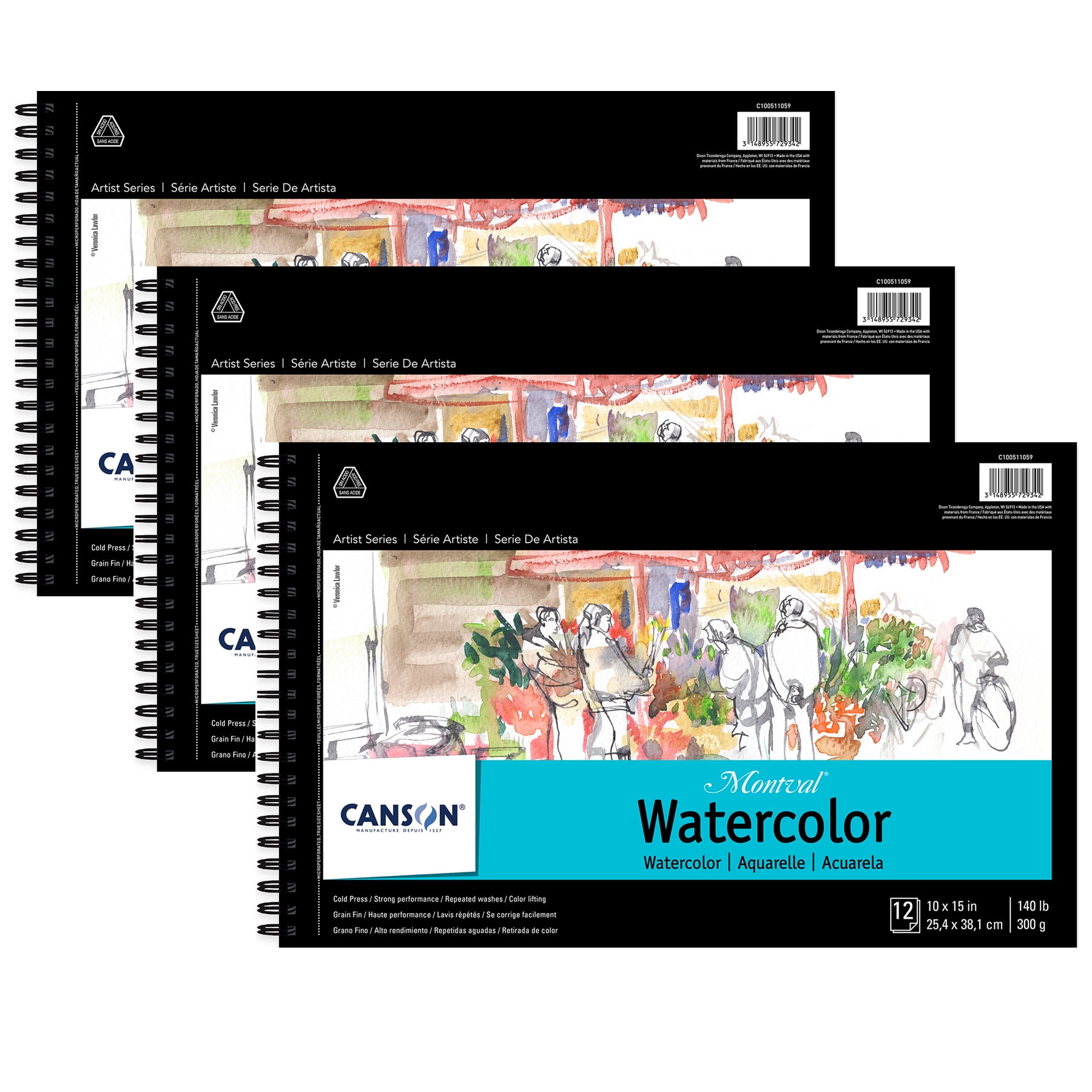 Canson Artist Series Montval Watercolor Pad, Side Wire Binding, 12 Sheet, 10x15 inch, Pack of 3