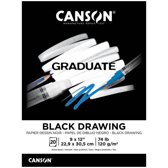 Canson Graduate Drawing Pad, Black, Black, Foldover, 9x12 inch, 20 Sheets