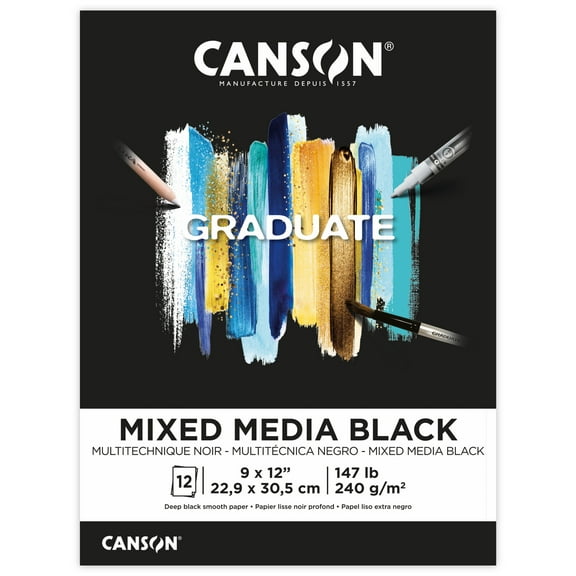 Canson Graduate Mixed Media Paper Pad, Black, Foldover Binding, (147lb/240g), 12 Sheet, 9" x 12"