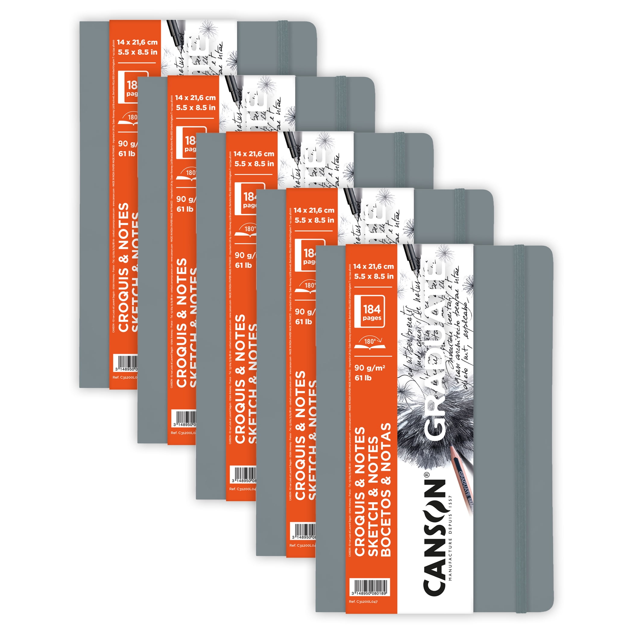 Canson Graduate Sketch & Notes Art Book, Light Gray, Soft Cover Binding, 92 Sheet, 5.5x8.5 inch, Pack of 5