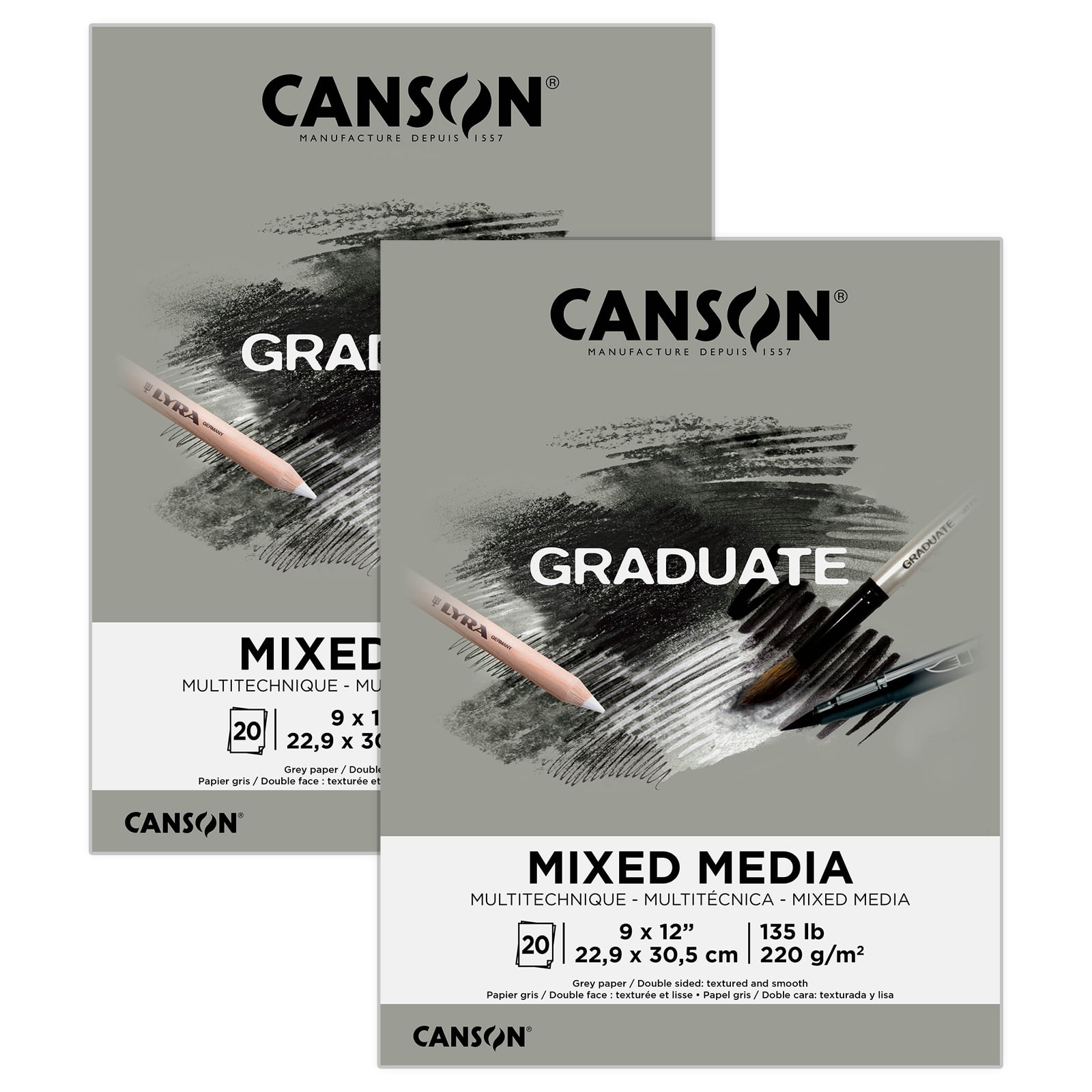 Canson Graduate Toned Mixed Media Pad, Gray, 20 Sheets, 9 x 12 in, 2-Pack