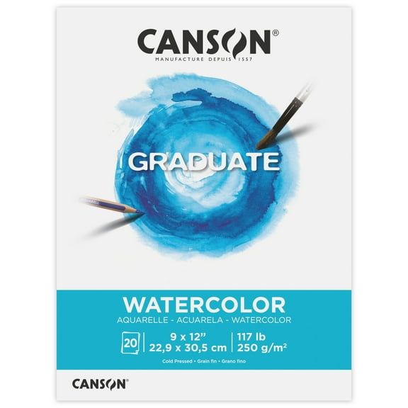 Canson Graduate Watercolor Paper Pad, Foldover Binding, (117lb/250g), 20 Sheet, 9" x 12"