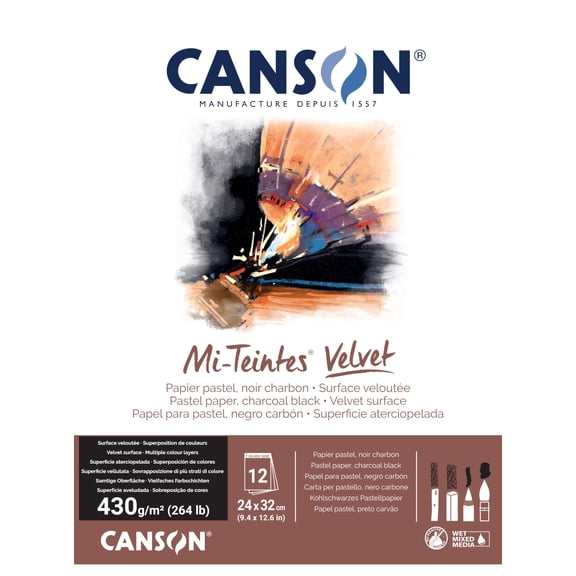 Canson Mi-Teintes Velvet Drawing Paper Pad, Charcoal Black, Glue Binding, (260lb/430g), 12 Sheet, 9.4x12.6 inch, 1 Count