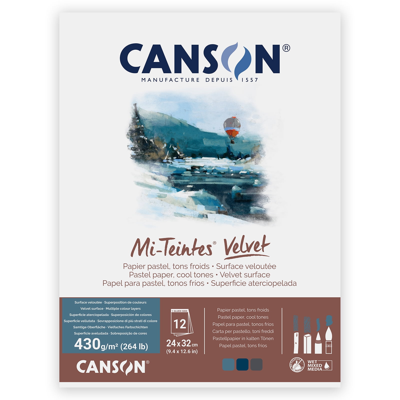 Canson Mi-Teintes Velvet Drawing Paper Pad, Cool Tones, 260 lb/430 gsm, 12 Sheets, 9.4 x 12.6 in