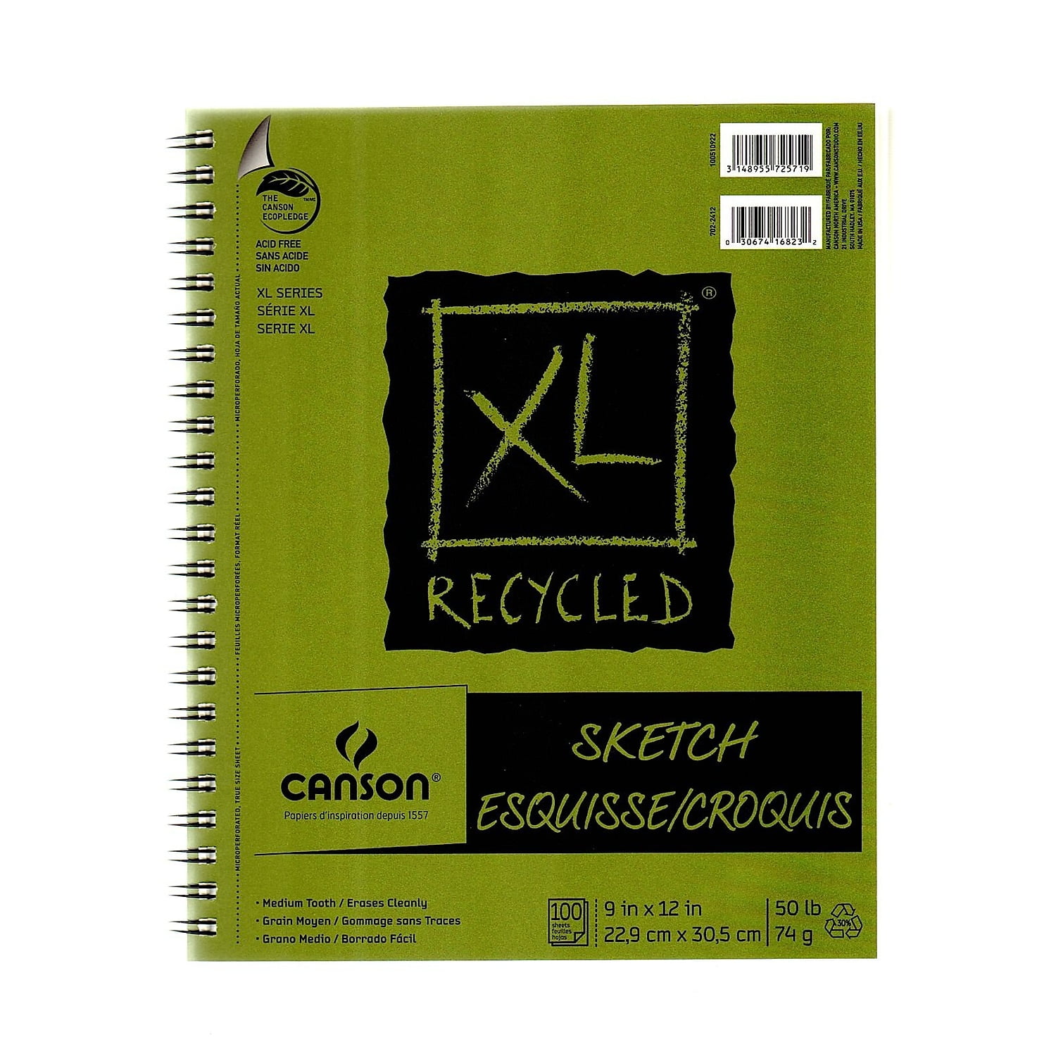 Canson XL Recycled 9" x 12" Wire Bound Sketch Pad 100 Sheets/Pad 3/Pack (52843-PK3)