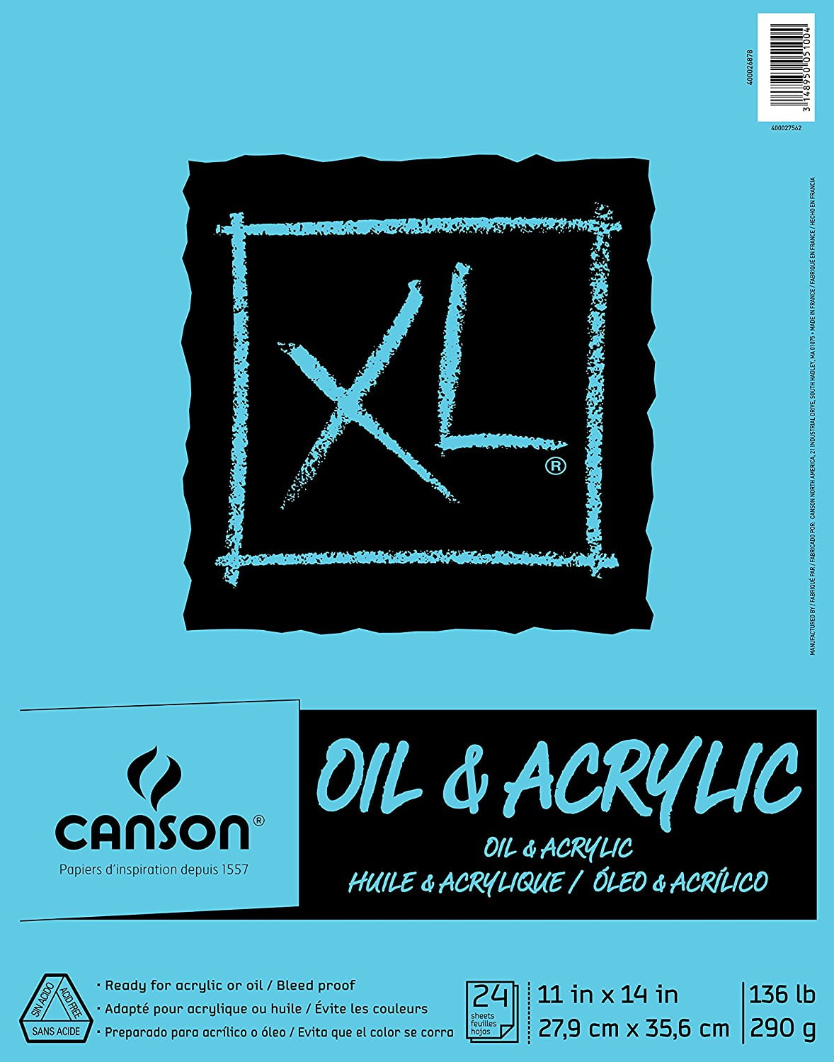 Canson XL Series Oil & Acrylic Paper Pad, Foldover Binding, (136lb/290g), 24 Sheet, 11" x 14"