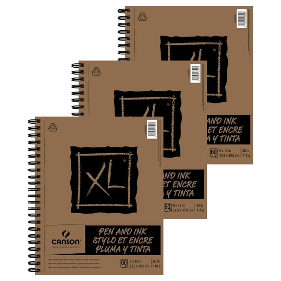 Canson XL Series Pen & Ink Pad, Side Wire Binding, 60 Sheet, 9X12 inch, Pack of 3
