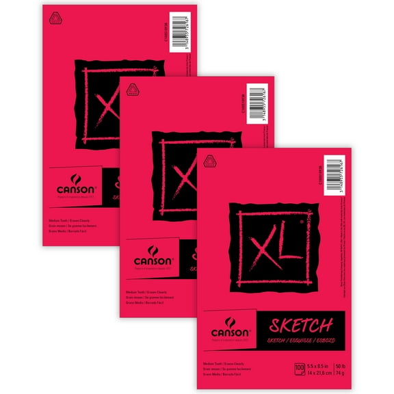 Canson XL Series Sketch Pad, Foldover Binding, 100 Sheet, 5.5x8.5 inch, Pack of 3