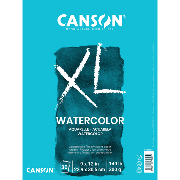 Canson XL Series Watercolor Paper Pad, Foldover Binding, (140lb/300g), 30 Sheet, 9" x 12"