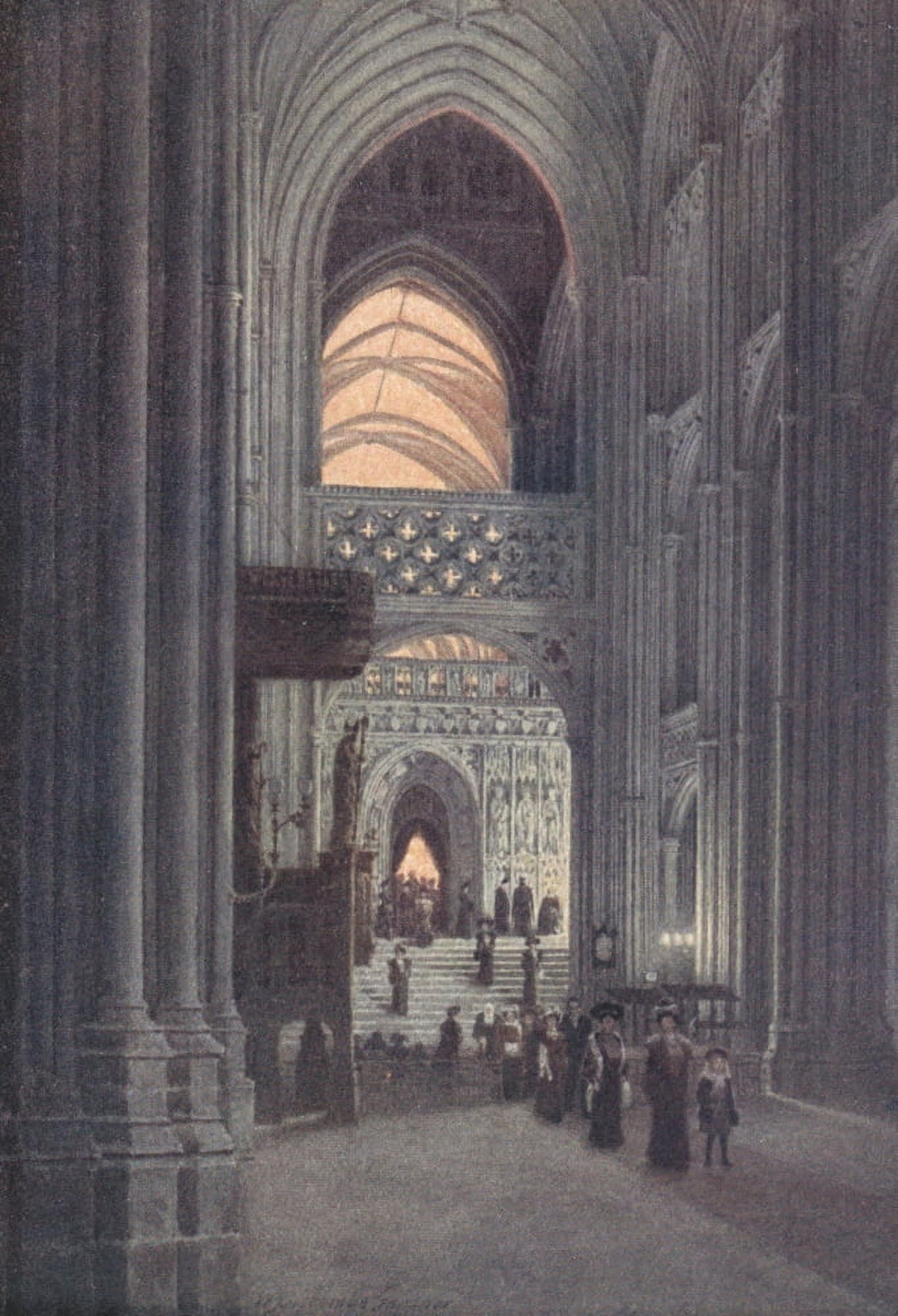 Canterbury 1907 Nave after evensong Cathedral Canvas Art - William B Gardner (24 x 36)
