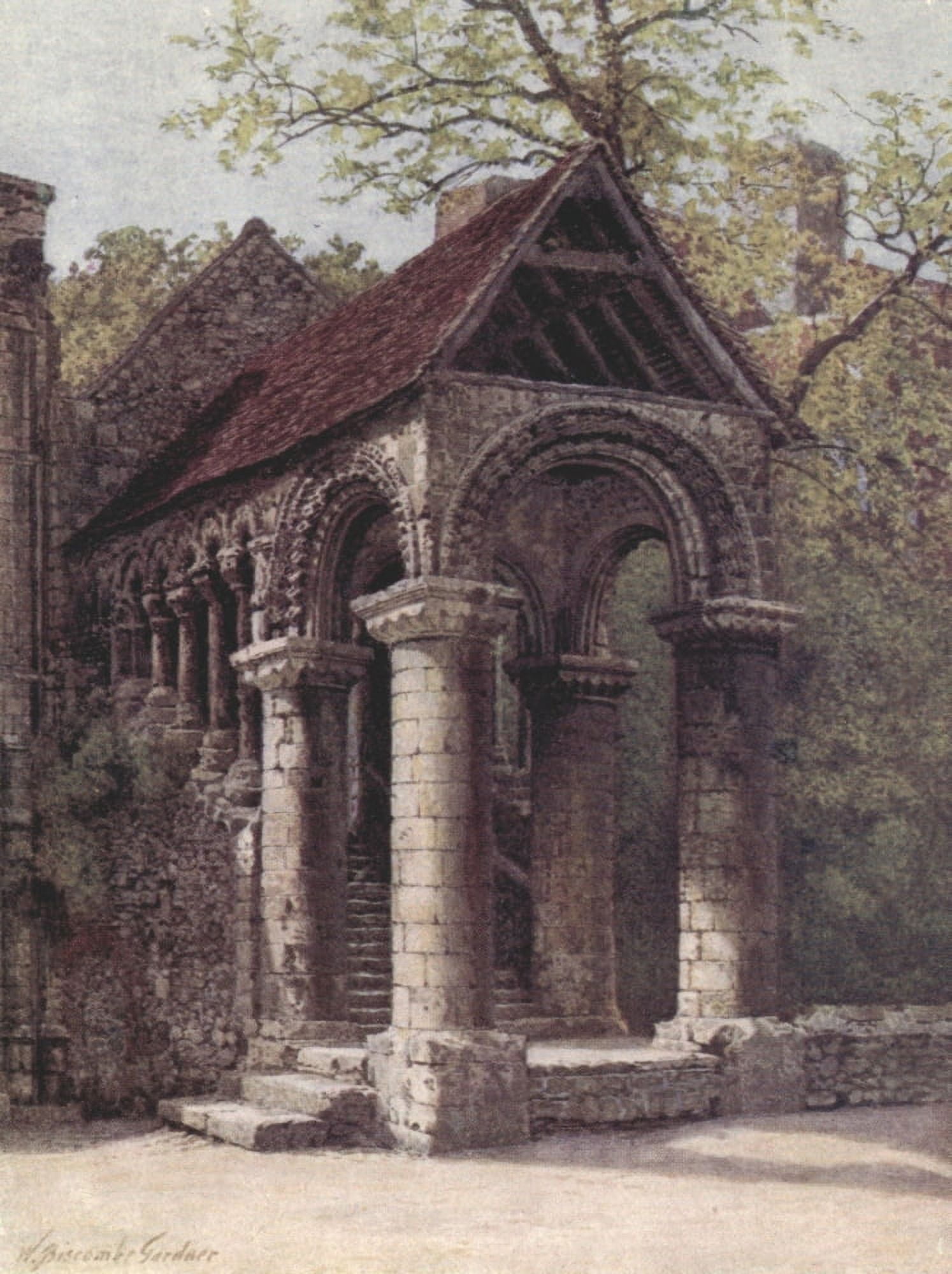 Canterbury 1907 Norman staircase Kings School Canvas Art - William B Gardner (24 x 36)