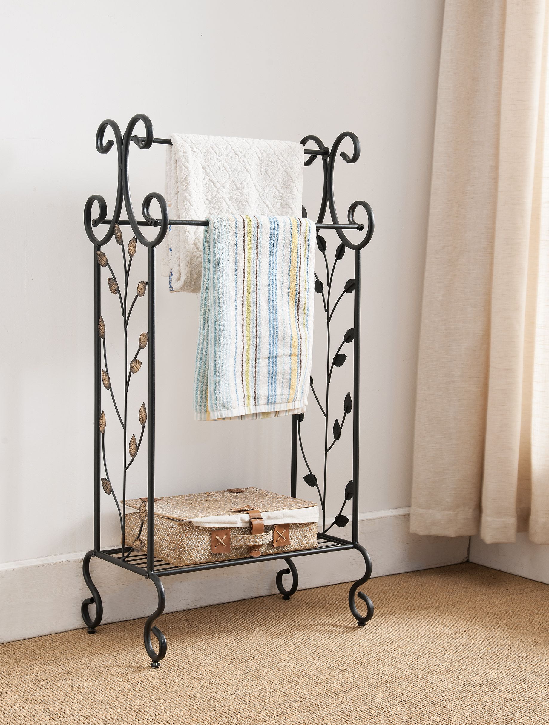 Black and Gold Metal Freestanding 3 Tier Towel Rack with Leaf Design
