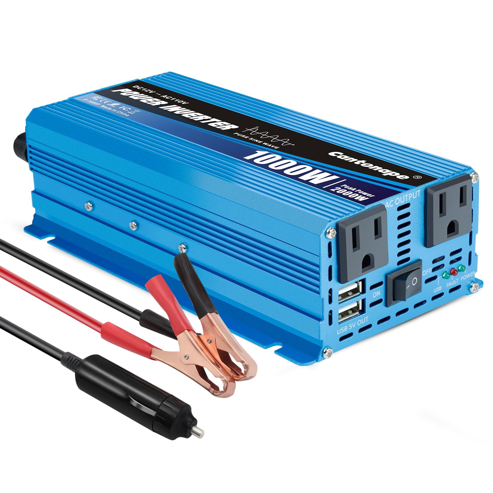 Cantonape 1000W Pure Sine Wave Inverter 12V to 110V/120V AC Power ...