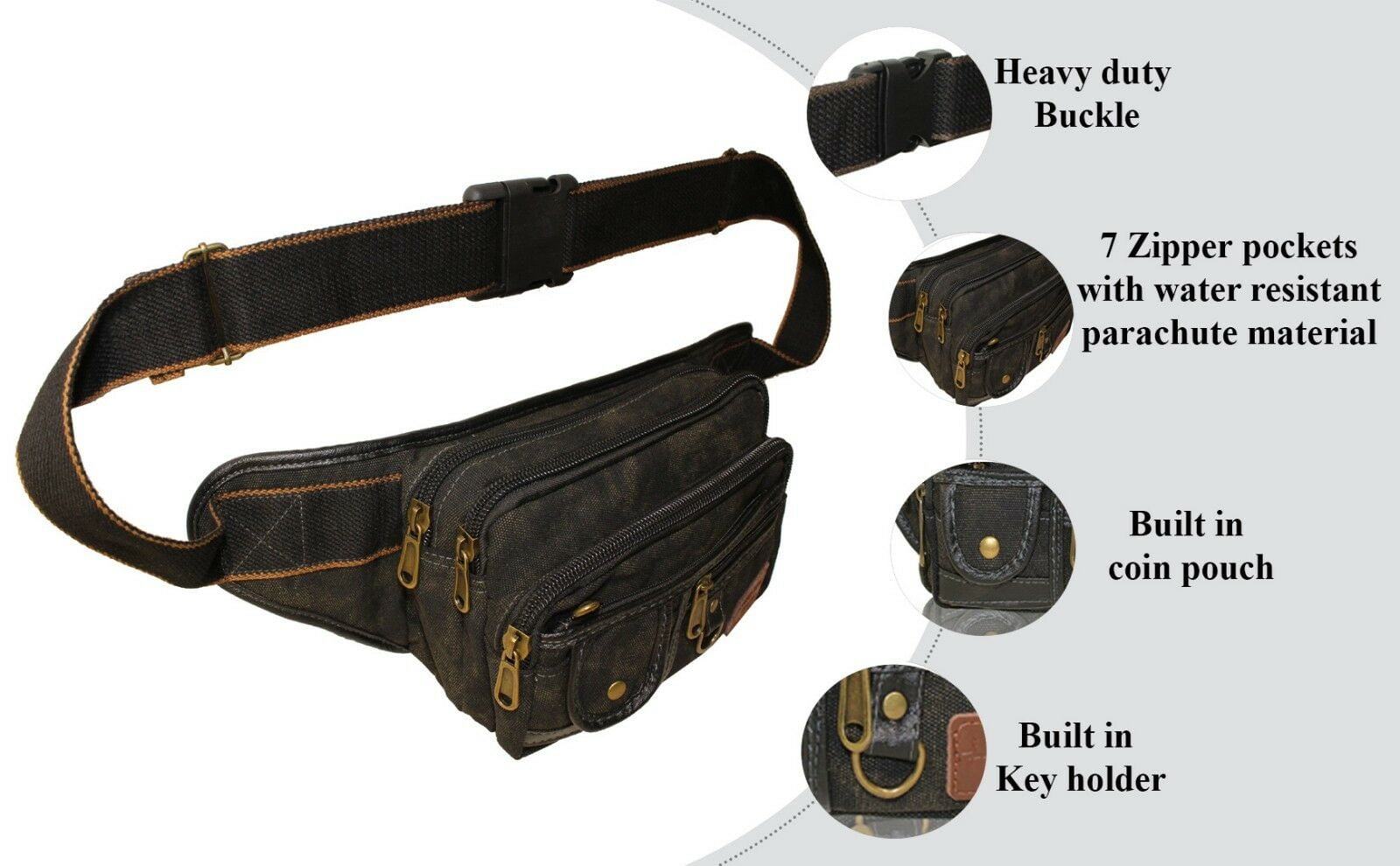 Canvas Army Fanny Pack Big & Tall Travel Hip Pouch Moon Belly Purse - Large