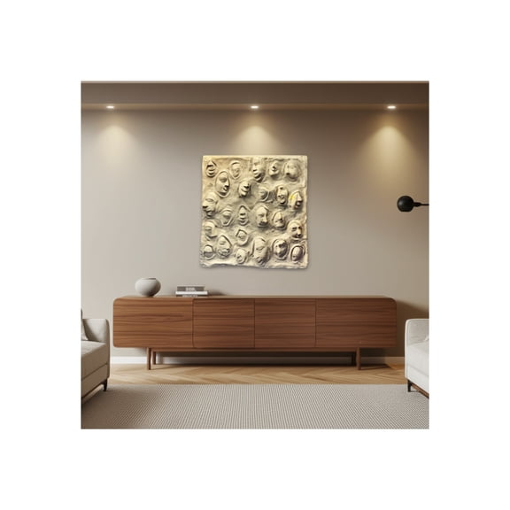 Canvas Art Wall Decor Paper Mache Textured 3D Relief Face Design Modern Accent for Home Office Bedroom Living Room Casual Interior Style - 24" White