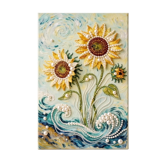 Canvas Art Wall Decor Pearl Diamond Art Kit Sunflower Van Gogh Inspired Design Diamond Art for Adults Home Office Bedroom Wall Decor 1 Piece