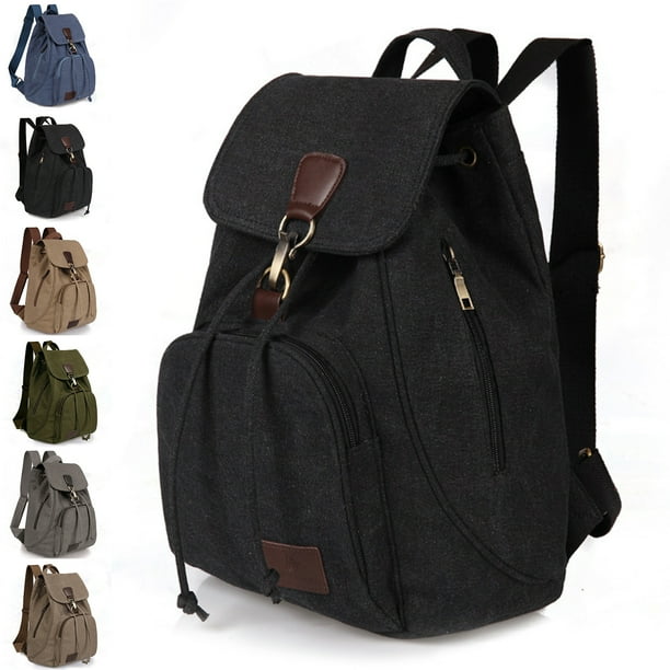 Canvas Backpack Purse for Women Flap Drawstring Backpack Small Vintage Rucksack Casual Laptop Shoulder Bags for Hiking Shopping Travel Work Black