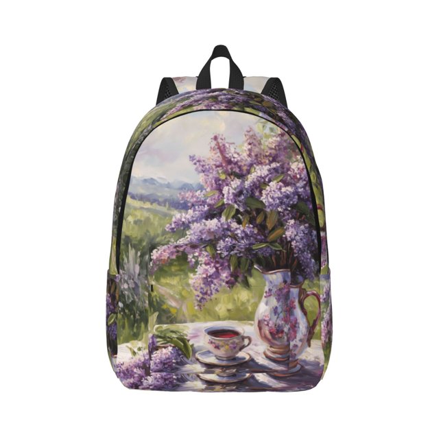 Canvas Backpack for School, Lilacs Teapot Scenic Painting Travel