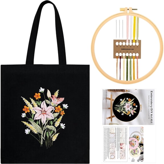 Canvas Bag Embroidery Kit for Beginners Adults, Full Range Embroidery Starter Kit with Flower Pattern, DIY Art Craft Sewing Embroidery Kit Black Tote Bag