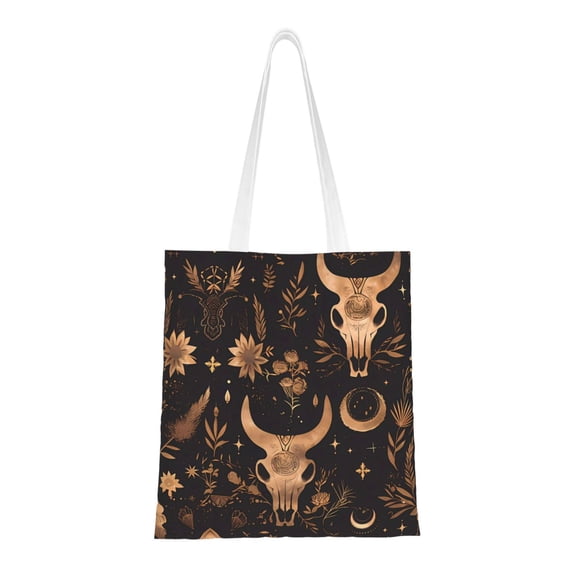 Canvas Bag Tote Bag Shopping Bag 16×15in Can Be Carried By Hand And Can Be Used For Daily Travel Such As Shopping And Going To Work Bohemian Cow Skull Crescent Moon Flower