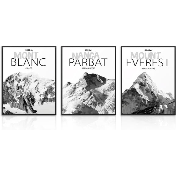 Canvas Black and White Mountain Wall Art Posters, Himalayas Nanga Parbat, Mount Everest, Alps Mont Blanc Prints for Office Living Room Decor 12x16 inch Unframed