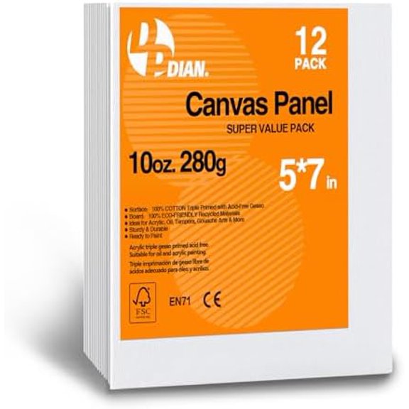 Canvas Boards for Painting 5x7 Inch, 12-Pack Bulk Canvas Value Pack - Art Supplies Blank Paint Canvas Panels for Acrylic, Oil, Watercolor, Tempera, Gouache