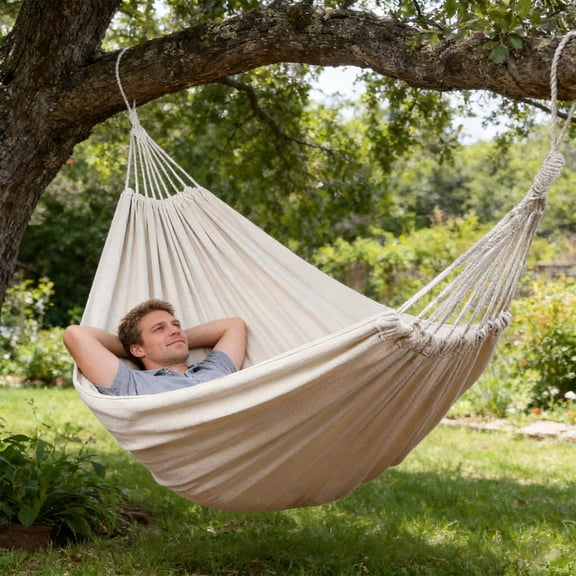 Canvas Camping Hammock with Antis-Tip Design, Heavy Duty Portable Outdoor Hammocks for Adults Beach Garden Backyard Relaxation, Tree Hanging Double Lounging Swing for Travel Leisure