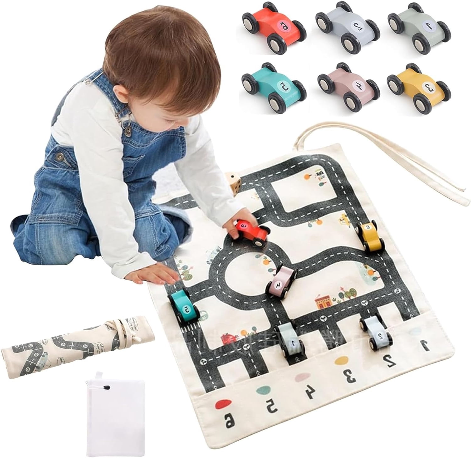 Canvas car toy set dual side canvas road map game with 6 wooden cars