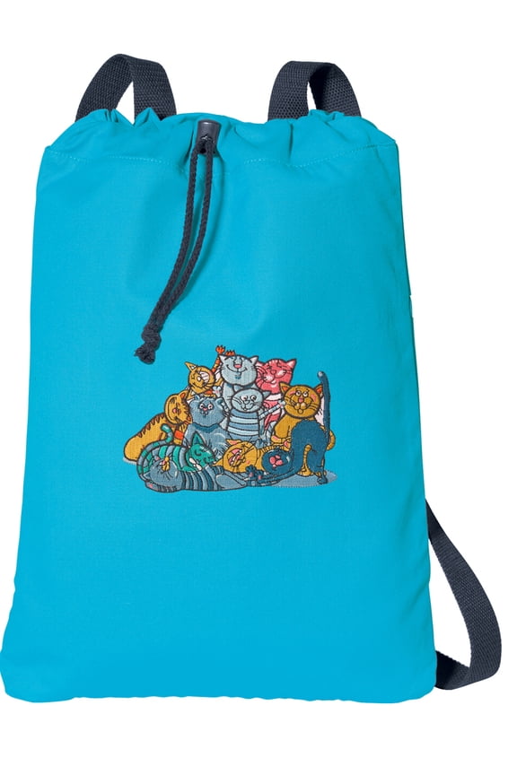 Canvas Cat Drawstring Backpack Aqua Natural Cotton Cats Cinch Bag with Wide Straps