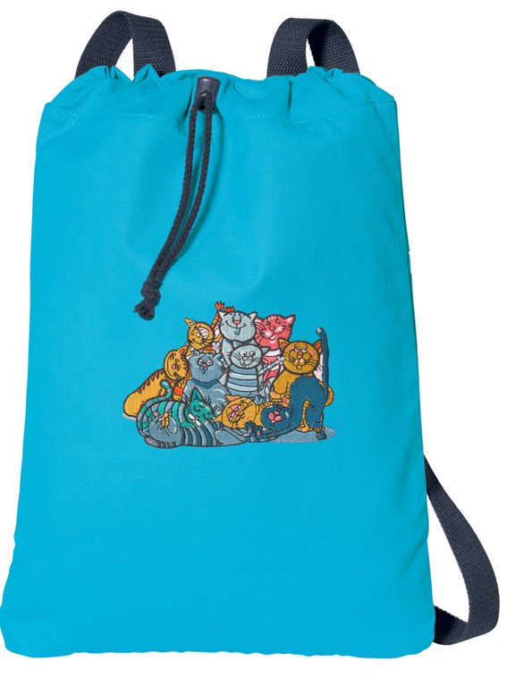 Canvas Cat Drawstring Backpack Aqua Natural Cotton Cats Cinch Bag with Wide Straps