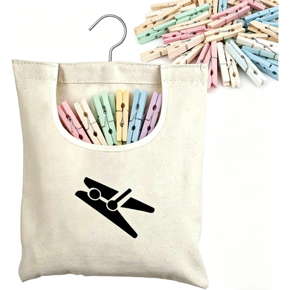 Canvas Clothespin Bag 12x11 Inch Laundry Peg Holder with 360 Swivel Hook, Large Opening, Hanging Organizer for Clothesline, Outdoor, Wardrobe