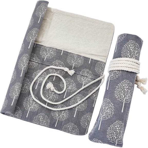 Canvas Colored Makeup Brushes Wrap Tree Pattern Dark Gray Travel Storage Organizer Plants Cosmetic Case Holder for Journey with 20 Slots Pouch DIY