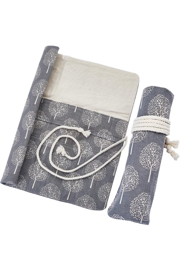 Canvas Colored Makeup Brushes Wrap Tree Pattern Dark Gray Travel Storage Organizer Plants Cosmetic Case Holder for Journey with 20 Slots Pouch