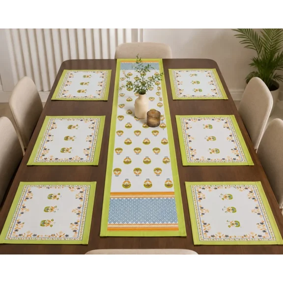 Canvas Cotton Floral Motif Print Green and Lime Table Runner and 6 Mats
