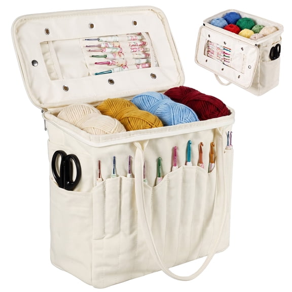 Crochet Bag and Knitting Yarn Storage Organizer, Large Canvas Yarn Bag with Accordion Pockets, Beige White