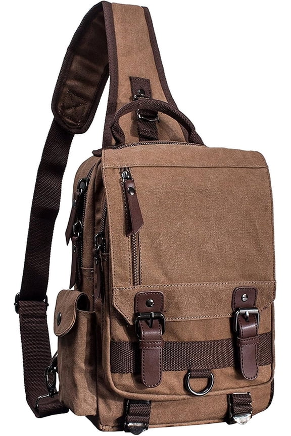 Canvas Cross Body Messenger Bag for Men Women Sling Shouler Backpack Travel Rucksack Coffee-Large