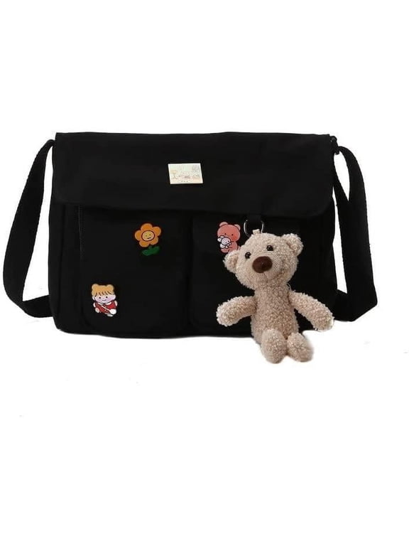 Canvas Crossbody Bag Messenger Cute Bag with Pins and Pendant for Women Casual Shoulder Aesthetic School bag