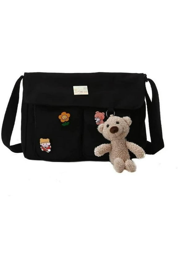 Canvas Crossbody Bag Messenger Cute Bag with Pins and Pendant for Women Casual Shoulder Aesthetic School bag