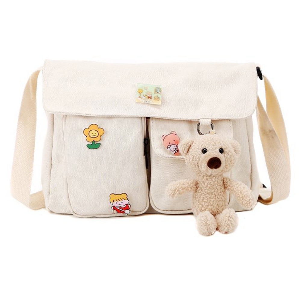 Canvas Crossbody Bag with Kawaii Pins and Pendent for Women Girls