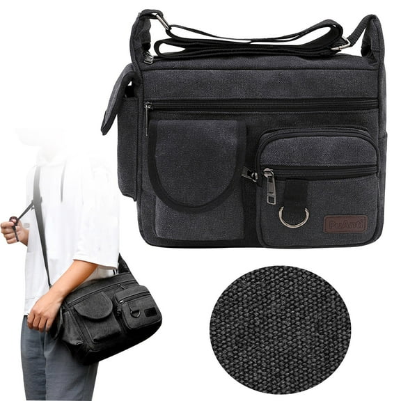 Canvas Crossbody Messenger Bag with Water Bottle Holders, 12 inch Laptop Shoulder Bag, Sling Satchel Purse w/Built-in Wallet, Back to School Supplies (Black) 12.2x5.51x8.27"