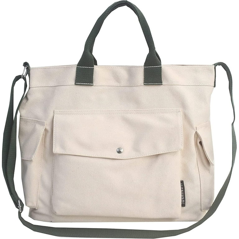 Canvas Crossbody Tote Shoulder Purse Bag for Women and Men with Multi pocket for School Shopping Travel and Work
