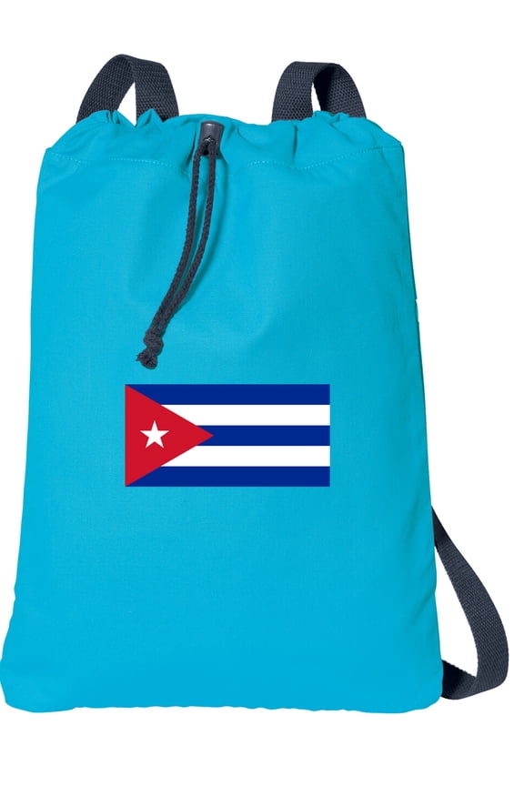 Canvas Cuban Flag Drawstring Backpack Aqua Natural Cotton Cuba Cinch Bag with Wide Straps