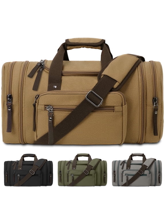 Canvas Duffle Bag 50L, Duffle Bag for Travel Expandable Duffel Bags Waterproof Weekender Overnight Travel Bag Gym Carry On Luggage Bag for Men & Women (Coffee)