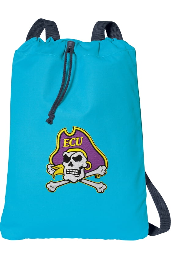 Canvas ECU Drawstring Backpack Aqua Natural Cotton East Carolina Cinch Bag with Wide Straps