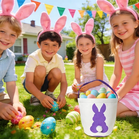 Canvas Easter Egg Hunting Basket, Cute Rabbit Storage Basket, Cute Bunny Bucket with Handle and Pom Pom Tail for Cosmetics Snacks Keys Easter Party Favors