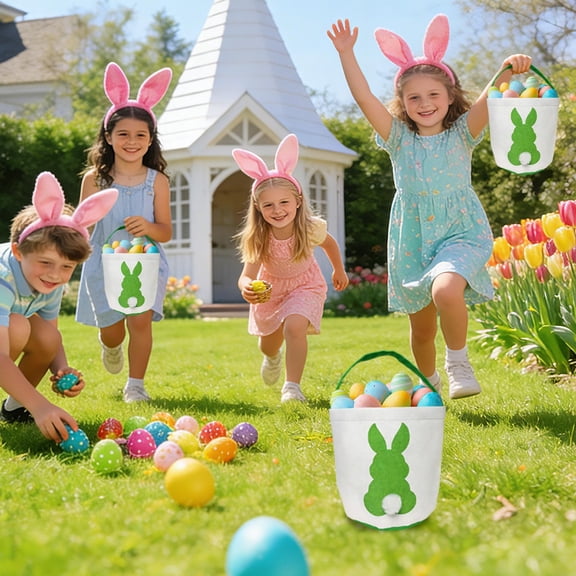 Canvas Easter Egg Hunting Basket, Cute Rabbit Storage Basket, Cute Bunny Bucket with Handle and Pom Pom Tail for Cosmetics Snacks Keys Easter Party Favors