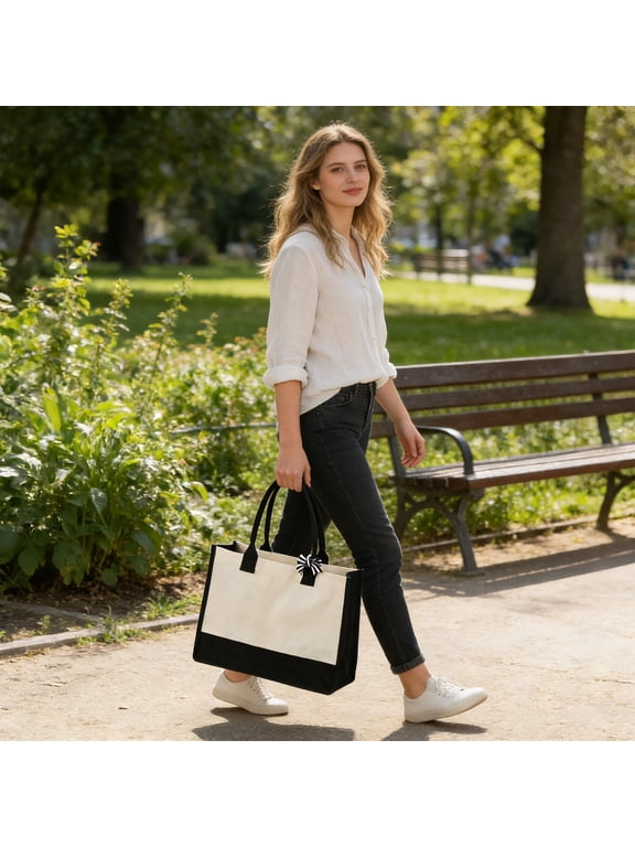 Canvas Ecofriendly Bag, Usupdd Durable Canvas Handbag Shopping Bag for Travel Daily Use, Fashion Long Lasting Tote for Grocery Work Beach with Wide Base Design, White
