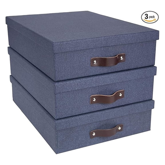 Canvas Fiberboard Document Letter Box Blue File Organizer Important Paperwork w/Lid Handle 3-Pack