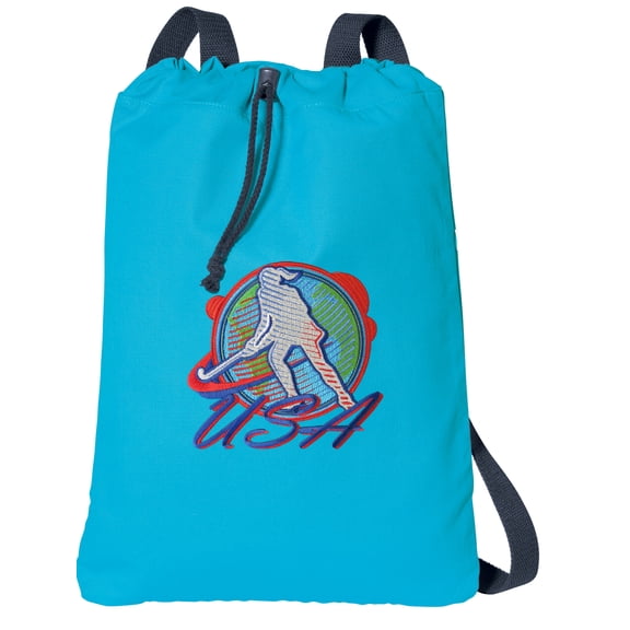 Canvas Field Hockey Drawstring Backpack Aqua Natural Cotton Field Hockey Cinch Bag with Wide Straps